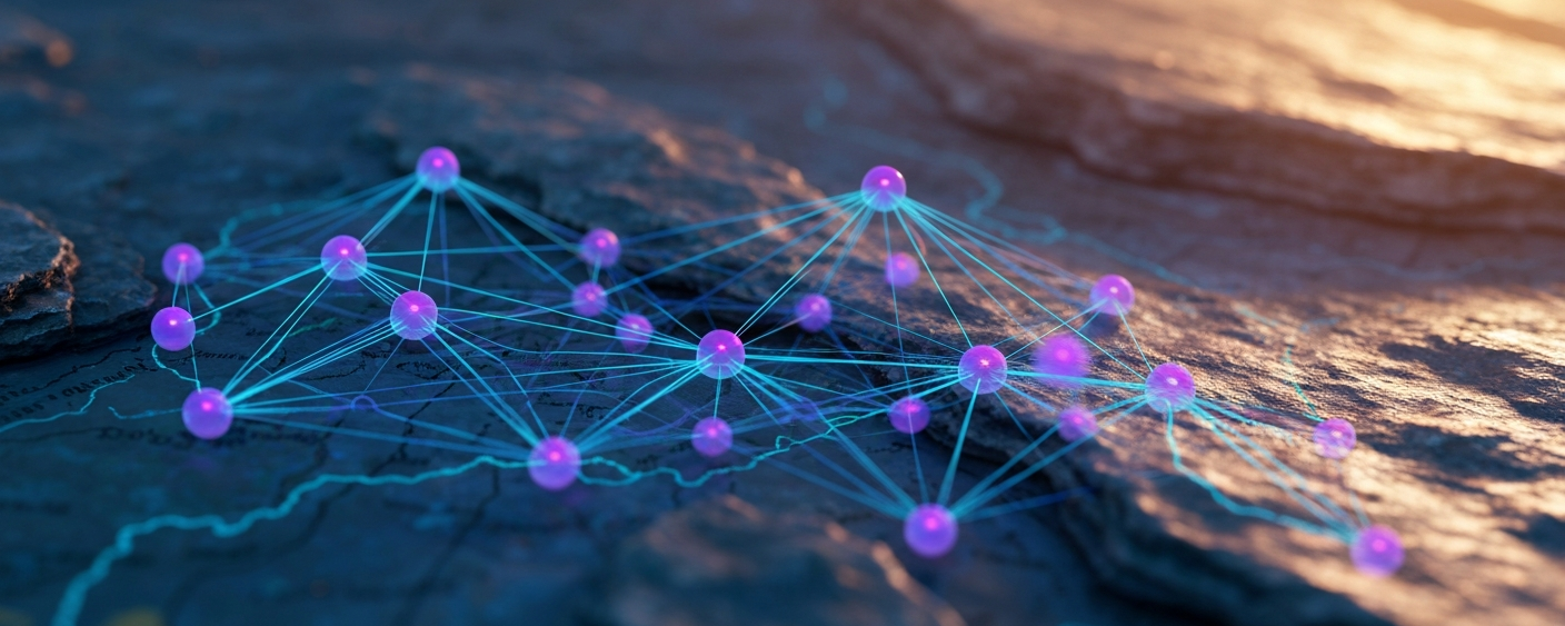 KI-generierte neuronale Netzwerk-Visualisierung über geologischer Kartierung in Blau und Cyan
