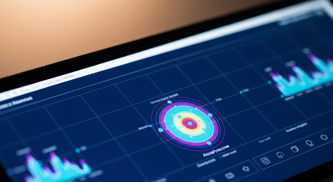 Monitor zeigt geophysikalische Anomaliekarte mit KI-Datenüberlagerung in blau-cyan Farbtönen