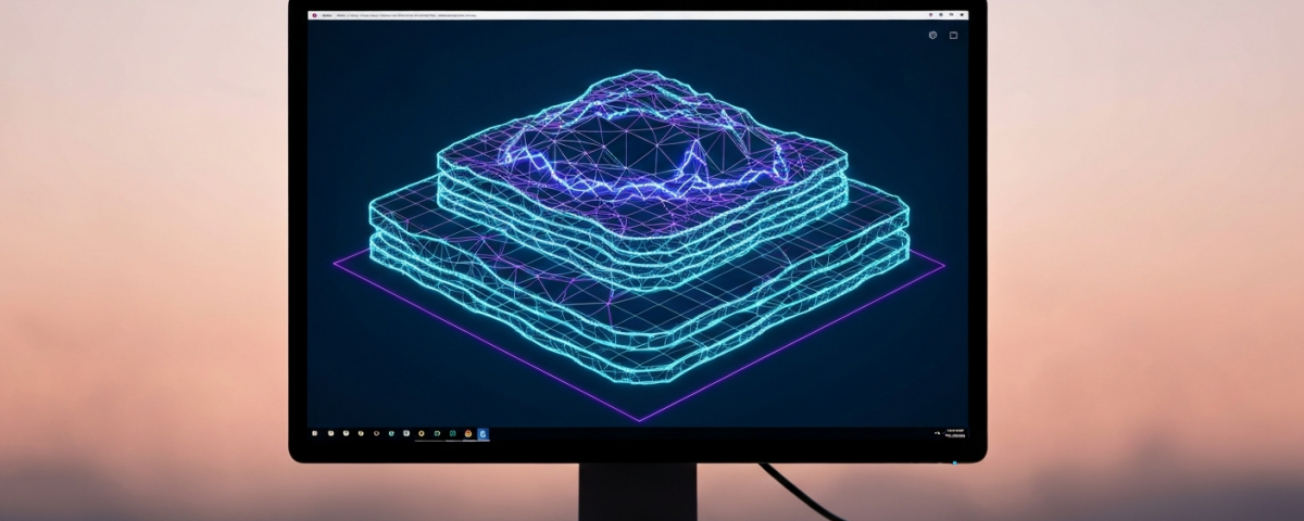 Monitor zeigt interaktives 3D-Lagerstättenmodell mit leuchtenden Cyan-Strukturlinien auf dunklem Hintergrund