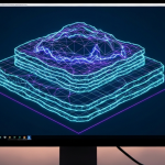 Monitor zeigt interaktives 3D-Lagerstättenmodell mit leuchtenden Cyan-Strukturlinien auf dunklem Hintergrund