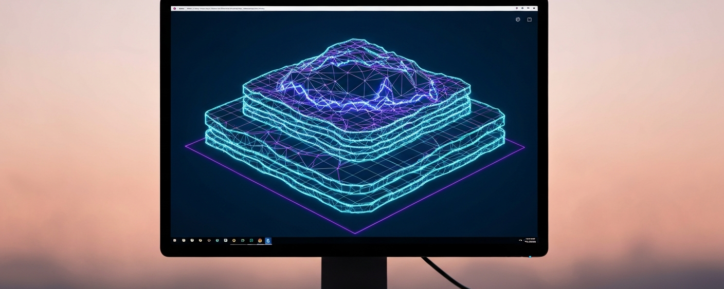 Monitor zeigt interaktives 3D-Lagerstättenmodell mit leuchtenden Cyan-Strukturlinien auf dunklem Hintergrund