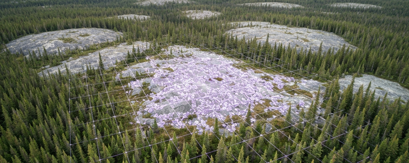 Luftbild eines Ontario-Waldgebiets mit digitaler geophysikalischer Rasterkarte in kühlen Grün- und Lilatönen