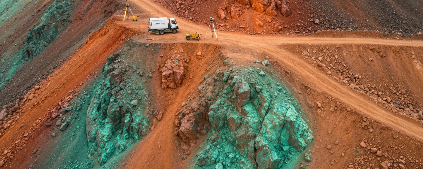 Geophysikalische Exploration an einem Kupfer-Porphyr-Standort in British Columbia mit sichtbarer Malachit-Patina