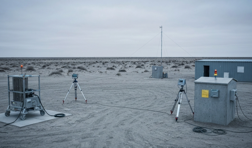 Geophysikalisches Survey-Equipment in der australischen Wüste unter bewölktem Himmel