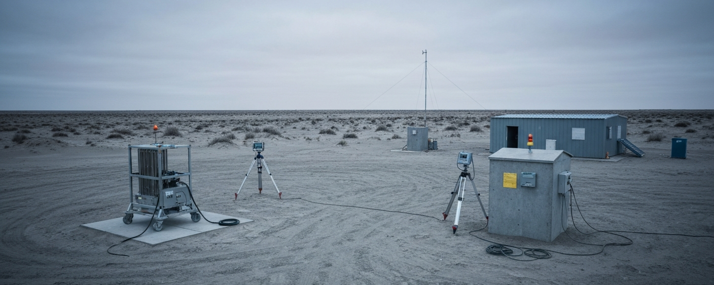 Geophysikalisches Survey-Equipment in der australischen Wüste unter bewölktem Himmel