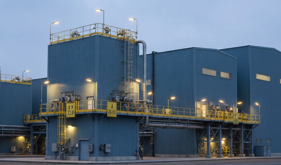 Uranverarbeitungsanlage unter bedecktem Himmel in Stahl-Blau und Betongrau