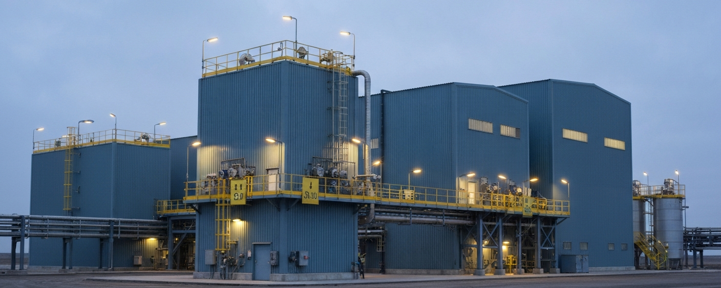Uranverarbeitungsanlage unter bedecktem Himmel in Stahl-Blau und Betongrau