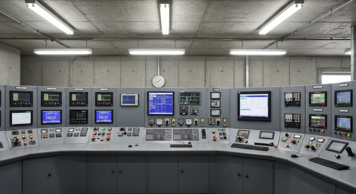 Kontrollraum einer Uranmühle mit technischen Monitoren und industrieller Beleuchtung