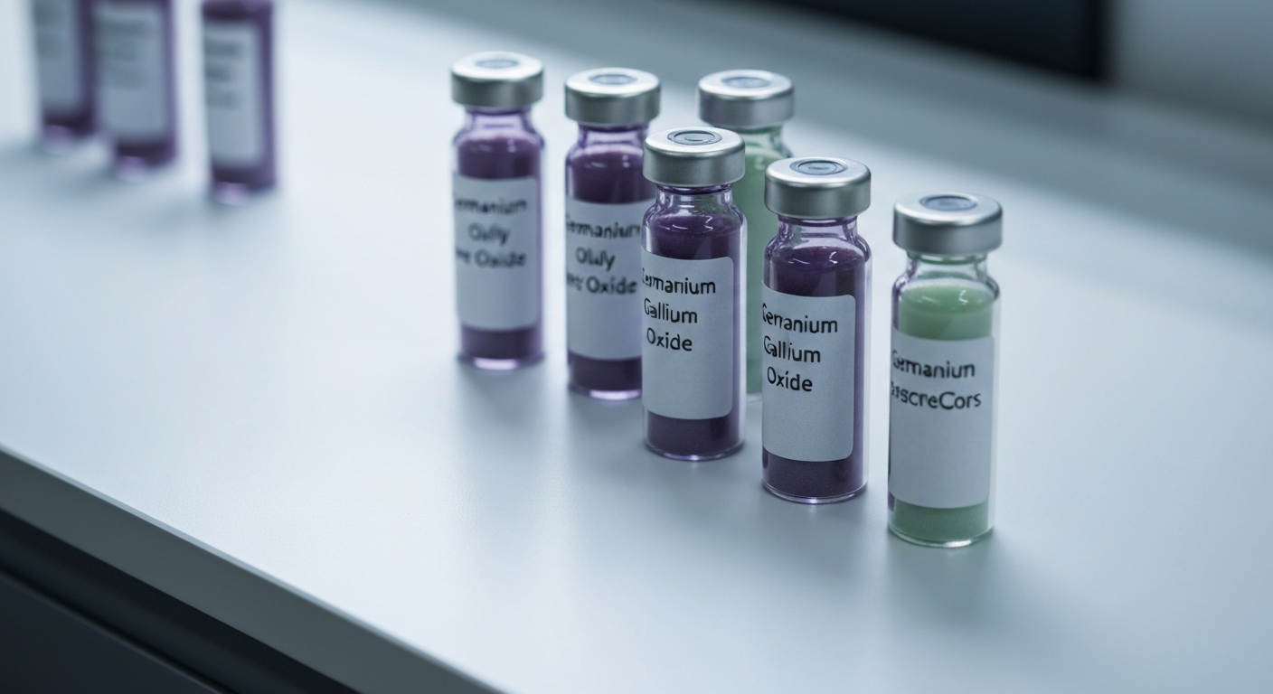 Germanium and gallium oxide samples in labeled laboratory bottles on a white work surface