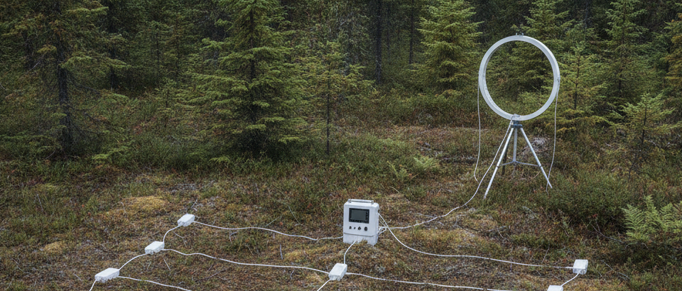 Geophysikalisches EM-Survey-Gerät im borealen Waldgelände von Québec