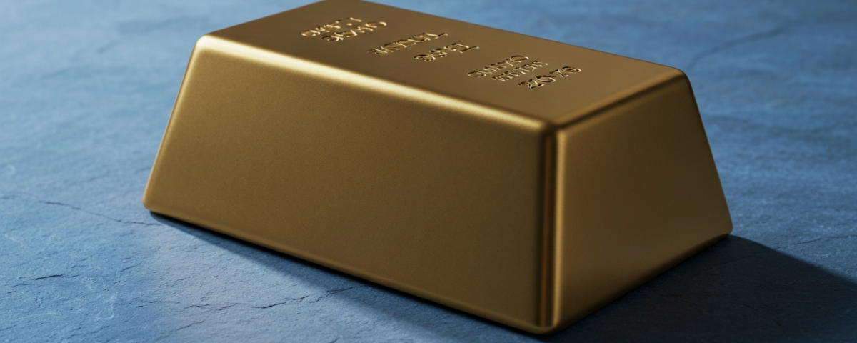 Polierter Goldbarren auf kühlem Schieferuntergrund – Symbol für Goldpreisschwankungen