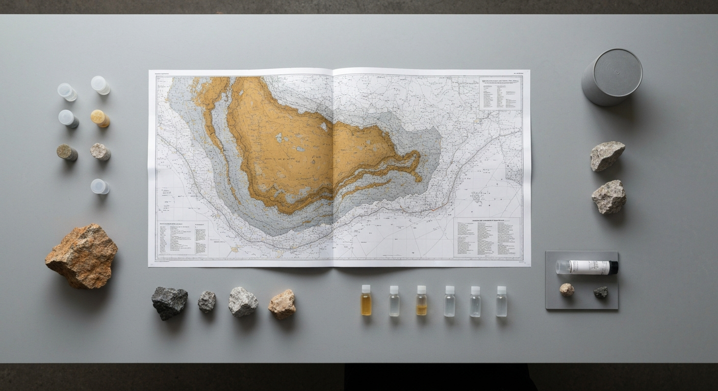 Geologische Karte mit Gesteinsproben und Assay-Fläschchen auf grauem Tisch