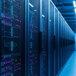 Serverreihen in einem GPU-Rechenzentrum mit blau-cyan LED-Beleuchtung