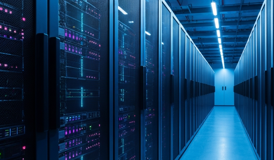 Serverreihen in einem GPU-Rechenzentrum mit blau-cyan LED-Beleuchtung