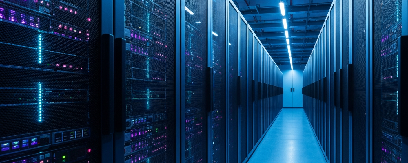 Serverreihen in einem GPU-Rechenzentrum mit blau-cyan LED-Beleuchtung