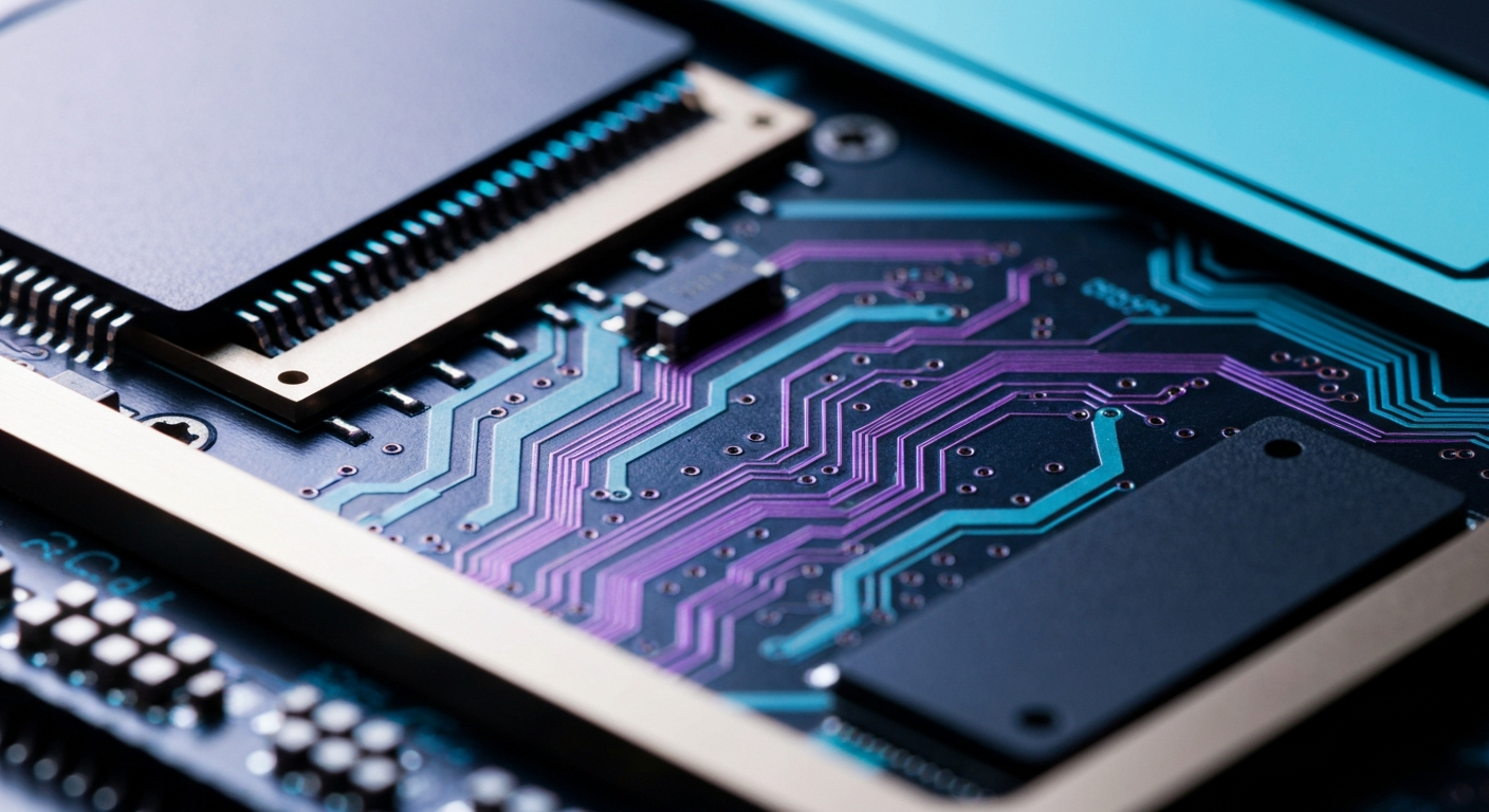 Makroaufnahme einer GPU-Platine mit elektrischen Cyan- und Blautoenen