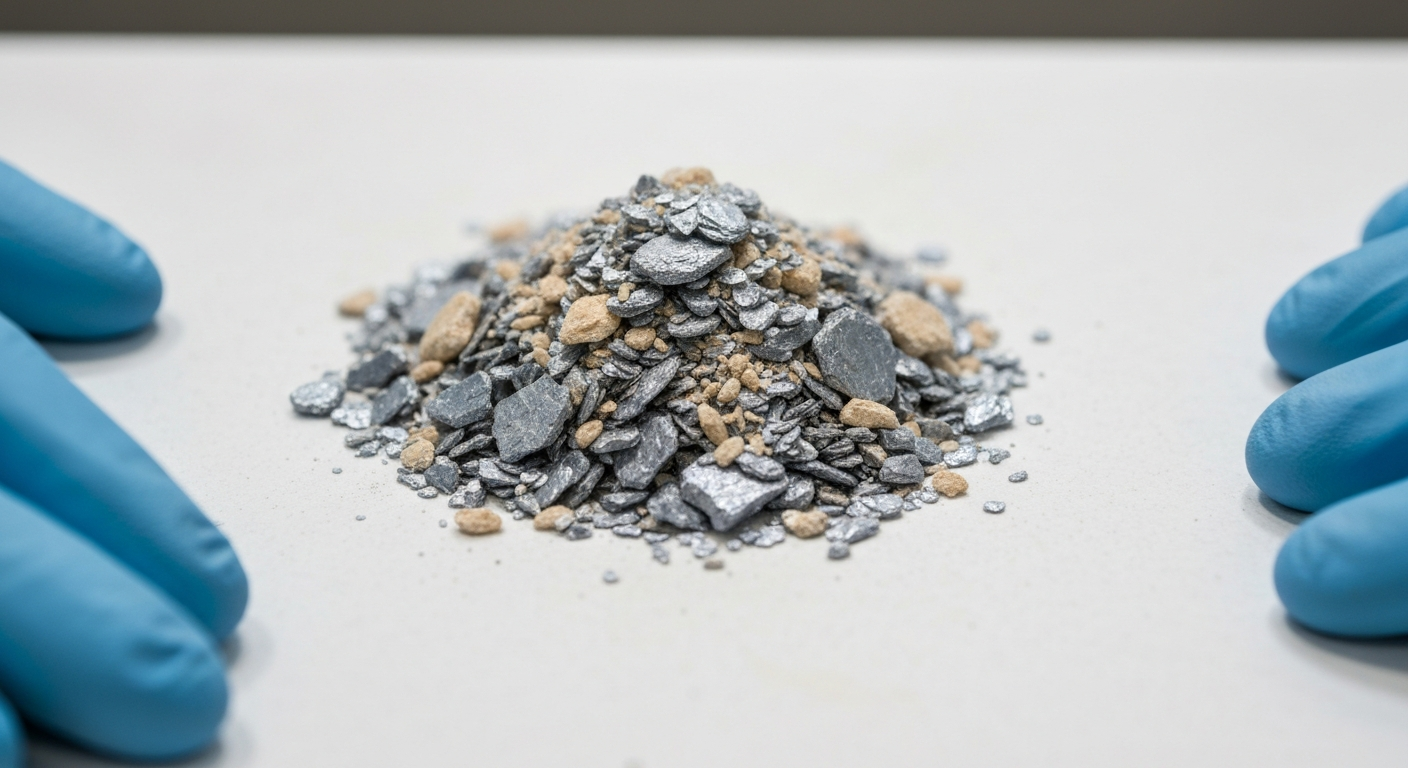 Flake graphite concentrate on a white laboratory surface — raw material sample from Canadian exploration