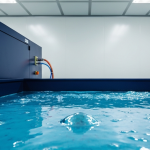 Chemisches Labor mit metallischen Probenflüssigkeiten in cyan-magenta Farbreflexionen für Tailings-Ressourcenanalyse