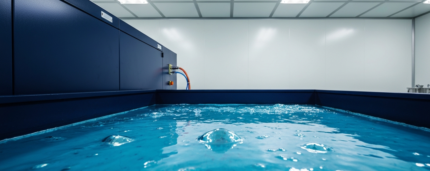 Chemical laboratory with metallic sample liquids in cyan-magenta color reflections for tailings resource analysis