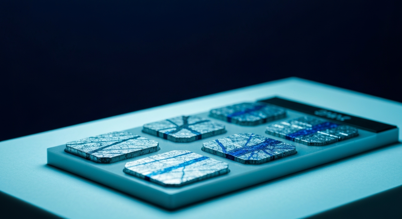 Sonic drill core samples with silver-gray and cobalt-blue mineral bands on a white sample table