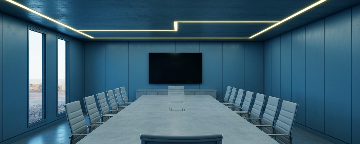 Empty conference room of a mining company with a steel-blue atmosphere and technical lighting