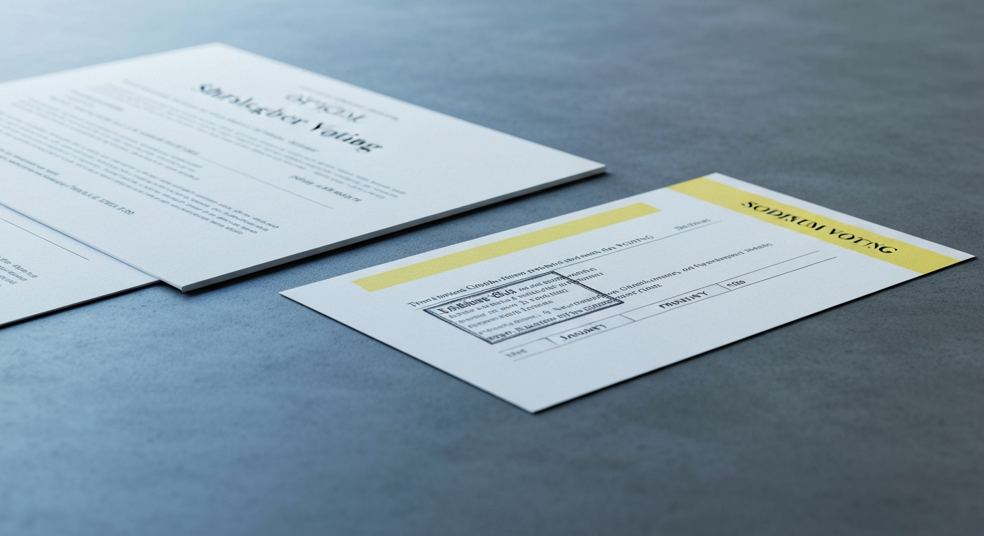 Proxy statement and AGM documents on a gray concrete surface with cool industrial lighting