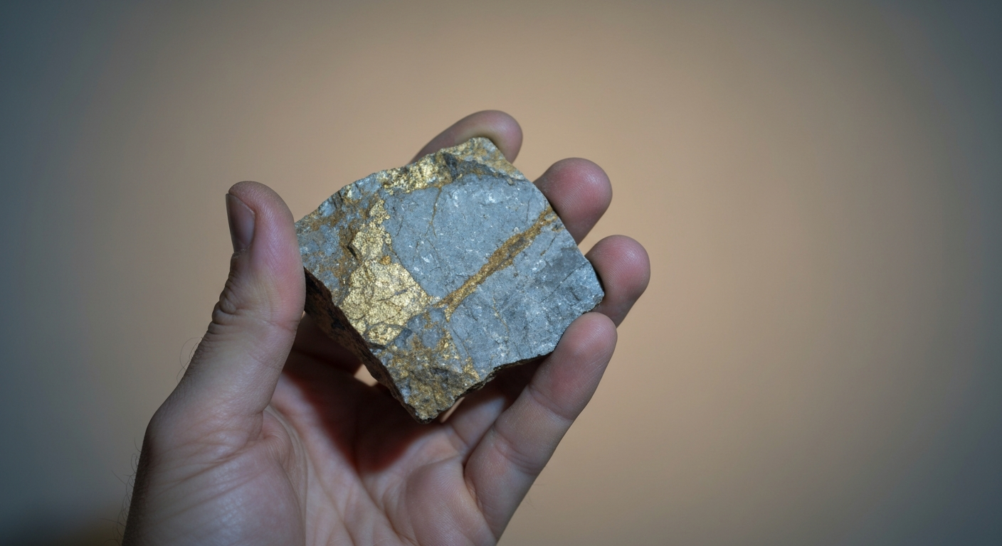 Gesteinsprobe mit Quarzadern in gedeckten Gold- und Grautönen auf neutralem Untergrund