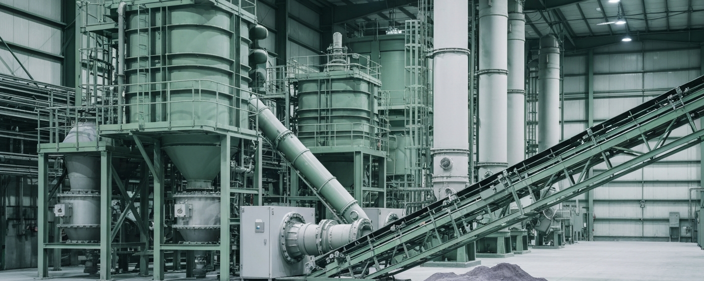 Industrielle Titan-Aufbereitungsanlage mit Trennkolonnen in kühler Fabrikhalle