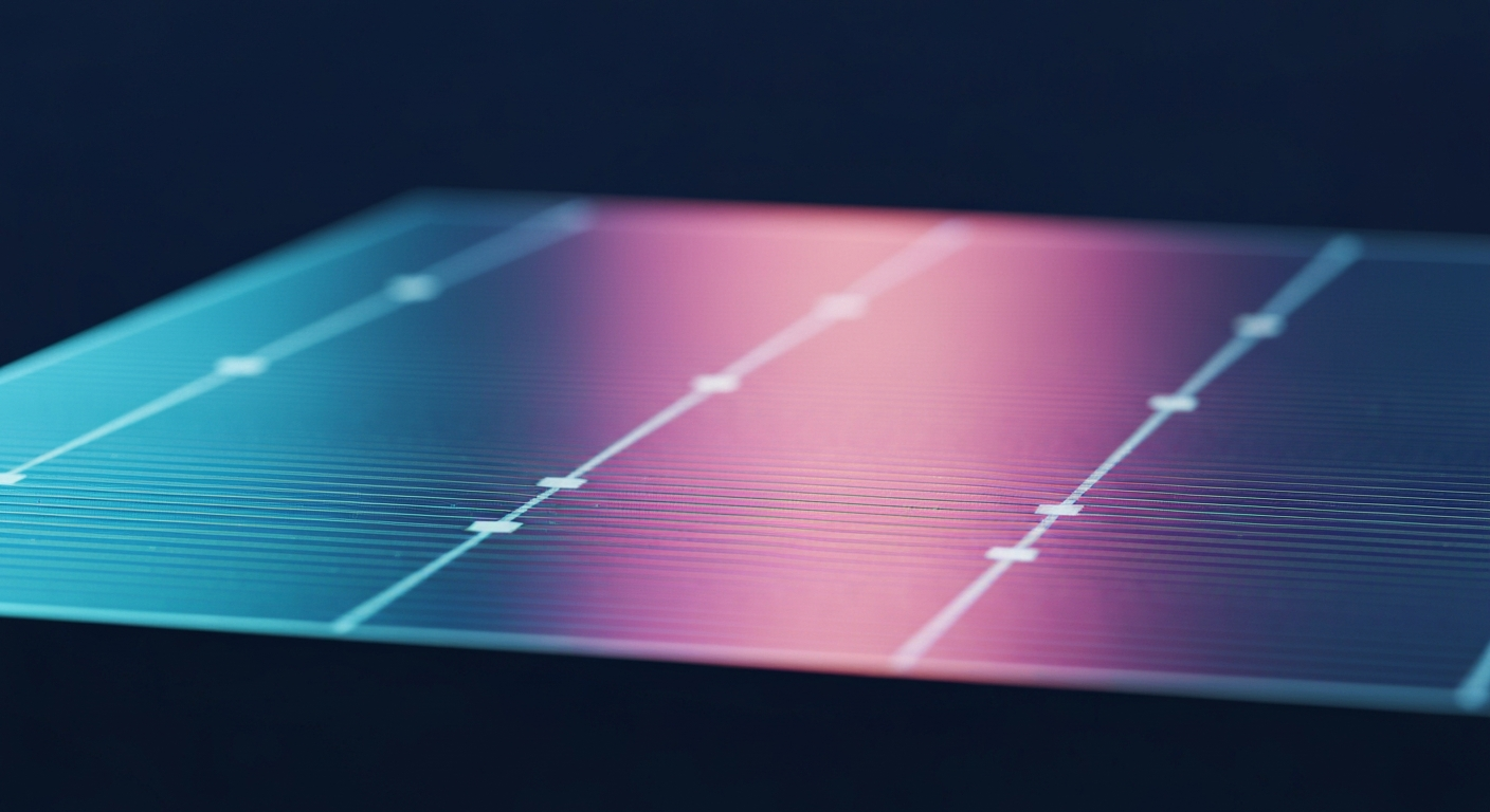 CIGS-Dünnschichtsolarzelle mit irisierender Halbleiterstruktur unter Reinraum-Neonlicht