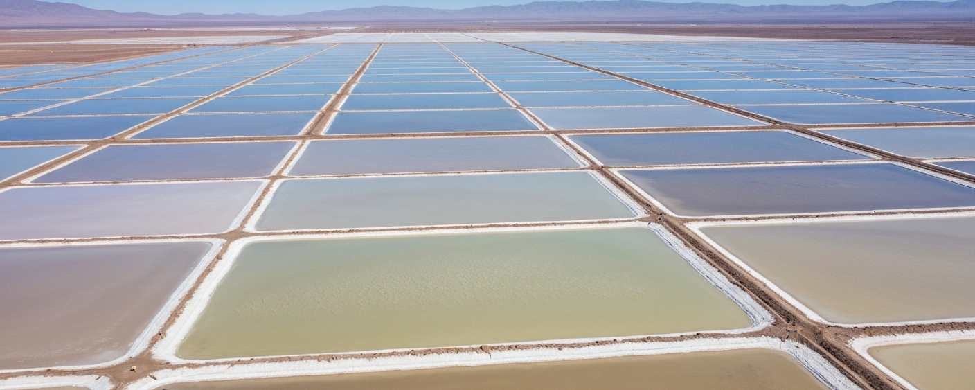 Luftaufnahme von Lithium-Eindampfungsbecken in einem Salar mit weißer Salzkruste und himmelblauen Becken