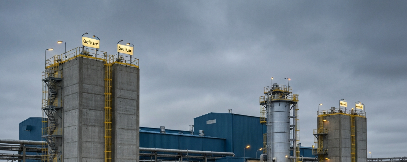 Uranverarbeitungsanlage unter bedecktem Himmel in Stahl-Blau und Betongrau
