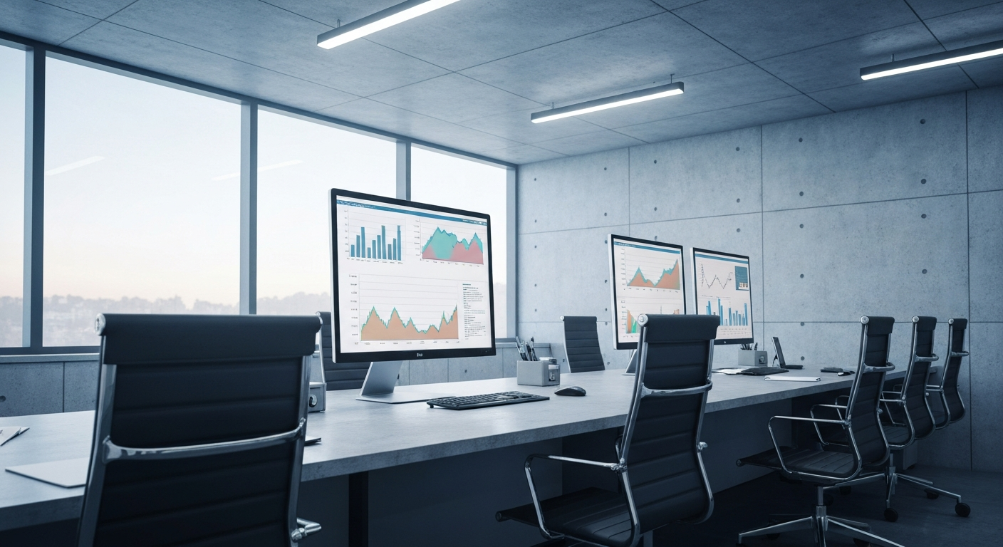 Besprechungsraum mit Finanzcharts auf Monitor, kühl-technische Beleuchtung