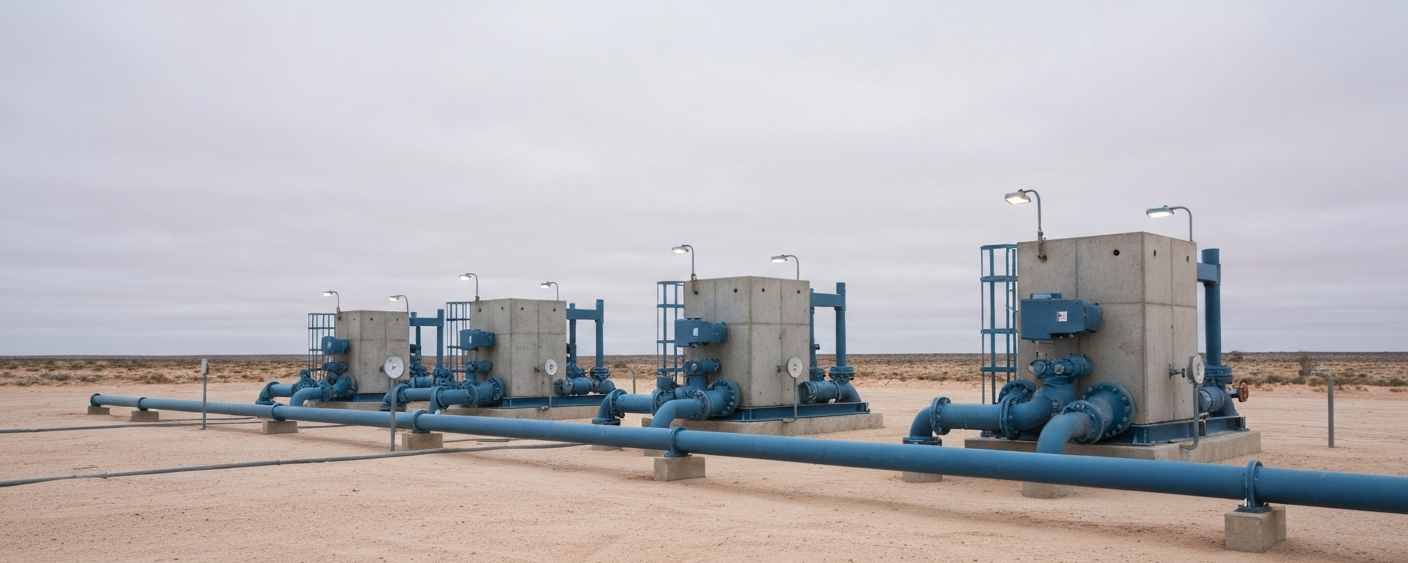 ISR wellfield for uranium extraction in an arid Australian landscape under a cloudy sky