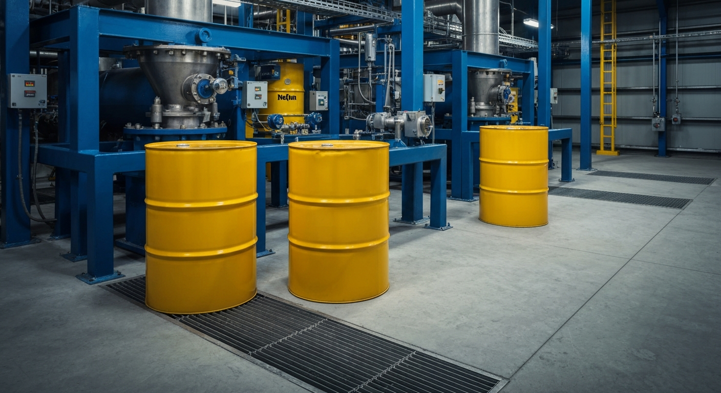 Yellowcake processing plant with steel pipes and yellow drums on a concrete floor