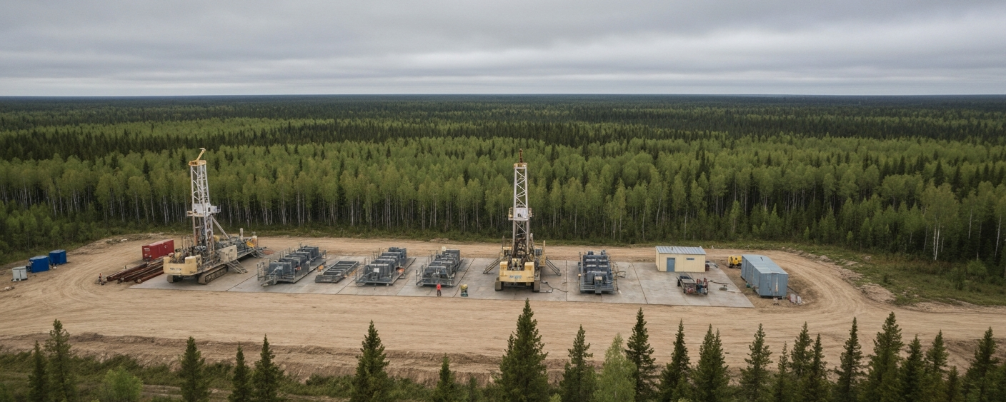 Aerial view of a remote drill site in the boreal forest under a gray sky with industrial equipment