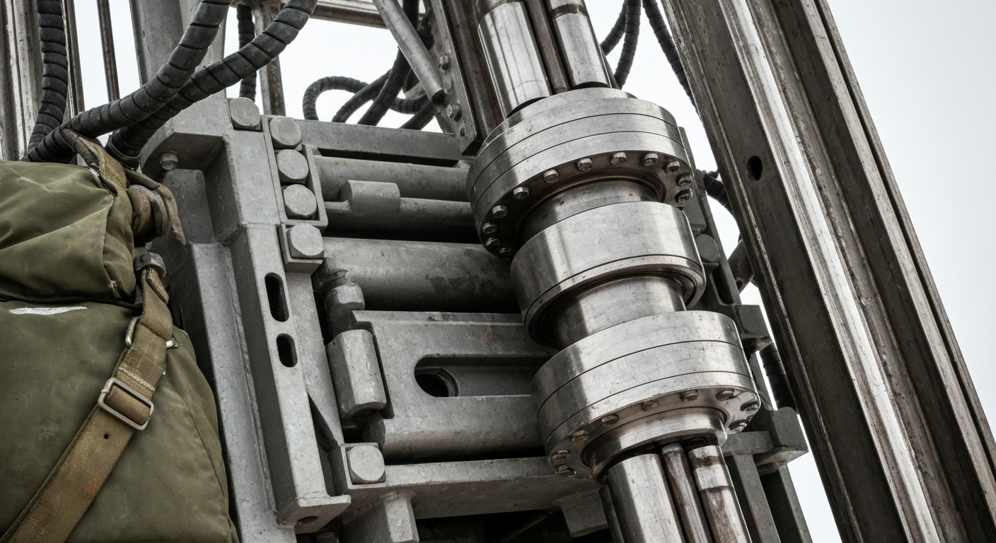 Close-up of a drill rig on an arctic exploration site in muted gray tones