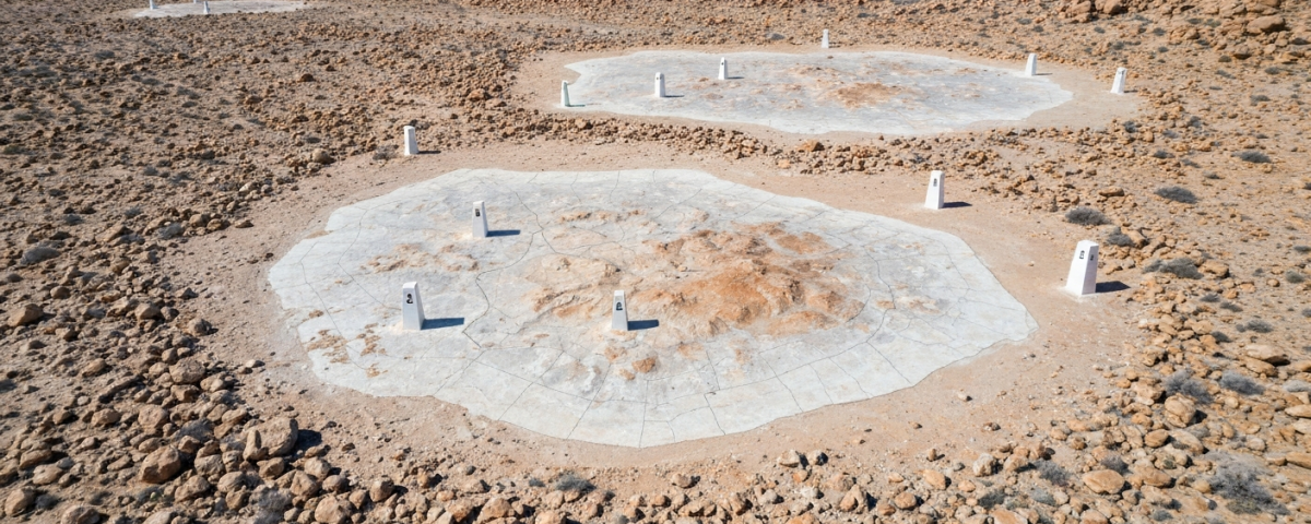 Luftaufnahme eines ariden südafrikanischen Geländes mit geologischen Markierungen für Lithiumexploration