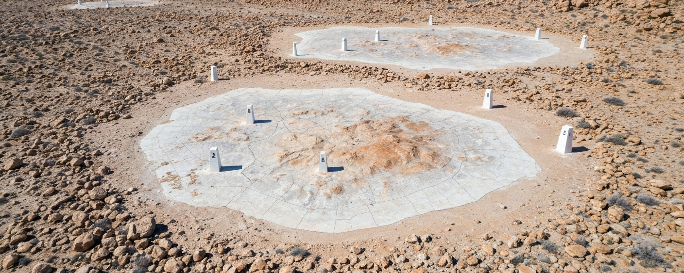 Luftaufnahme eines ariden südafrikanischen Geländes mit geologischen Markierungen für Lithiumexploration