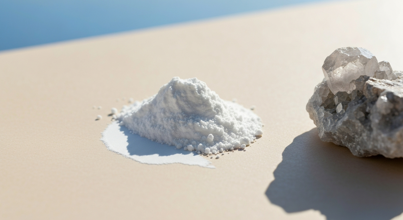 Lithiumcarbonat-Pulver auf heller Oberfläche neben einem Mineralprobengestück