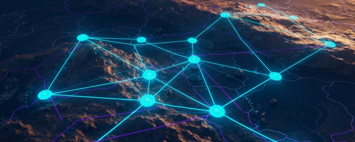 Abstrakte KI-Netzwerk-Visualisierung über geologischer Datenkarte in Blau und Cyan