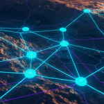 Abstrakte KI-Netzwerk-Visualisierung über geologischer Datenkarte in Blau und Cyan