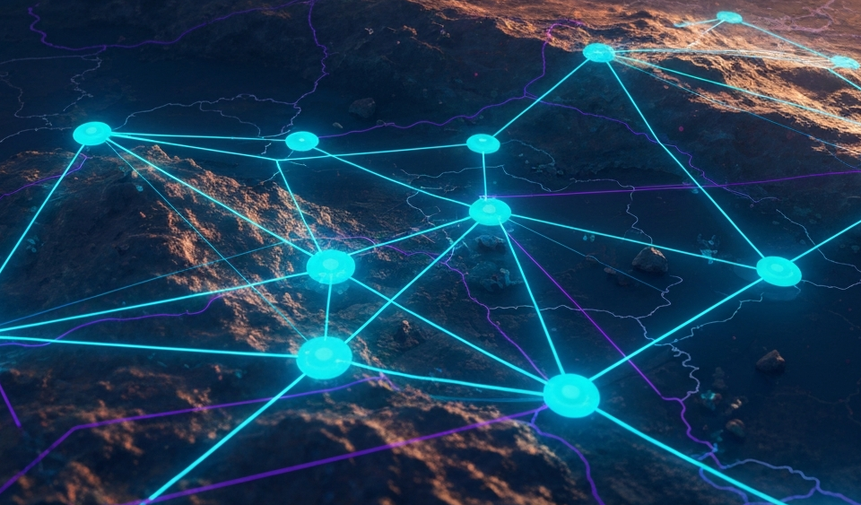 Abstrakte KI-Netzwerk-Visualisierung über geologischer Datenkarte in Blau und Cyan