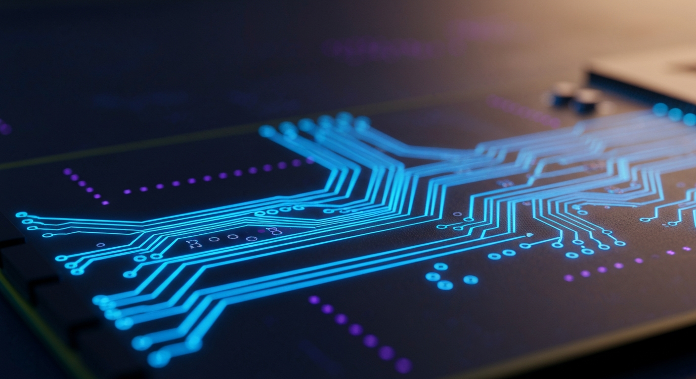 Nahaufnahme einer GPU-Platine mit leuchtenden Cyan- und Blau-Traces für KI-Verarbeitung