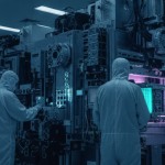 Reinraum einer Halbleiterfabrik mit EUV-Lithographiemaschinen unter kühlem Neonlicht