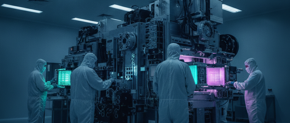 Reinraum einer Halbleiterfabrik mit EUV-Lithographiemaschinen unter kühlem Neonlicht