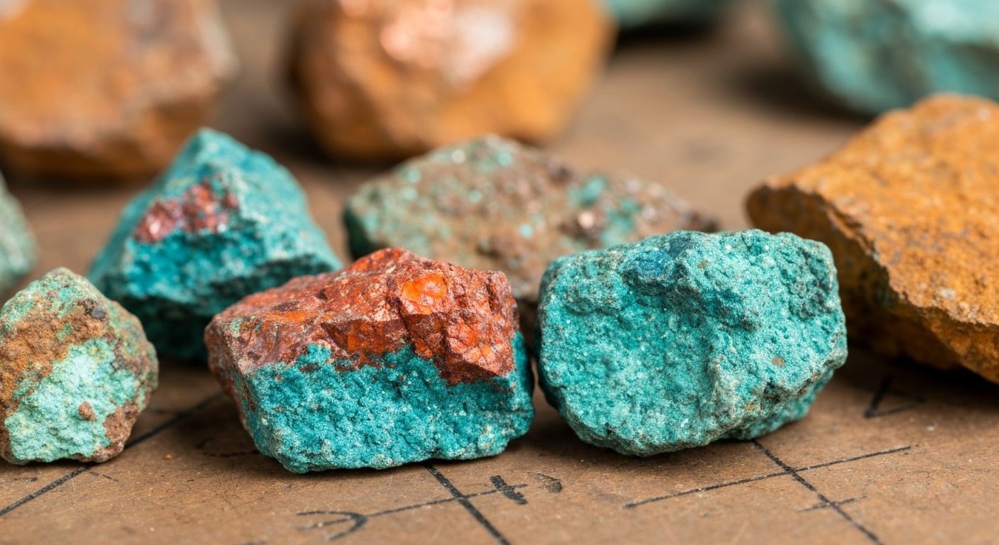 Kupfererz-Bohrkerne mit blaugrüner Oxidation und rötlichem Chalkopyrit auf einem Kernlagertisch