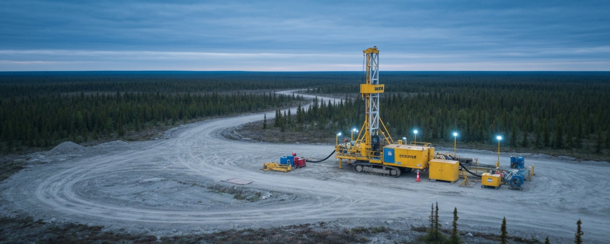 Bohranlage am nördlichen Rand des Athabasca-Beckens unter stahlblauem Himmel