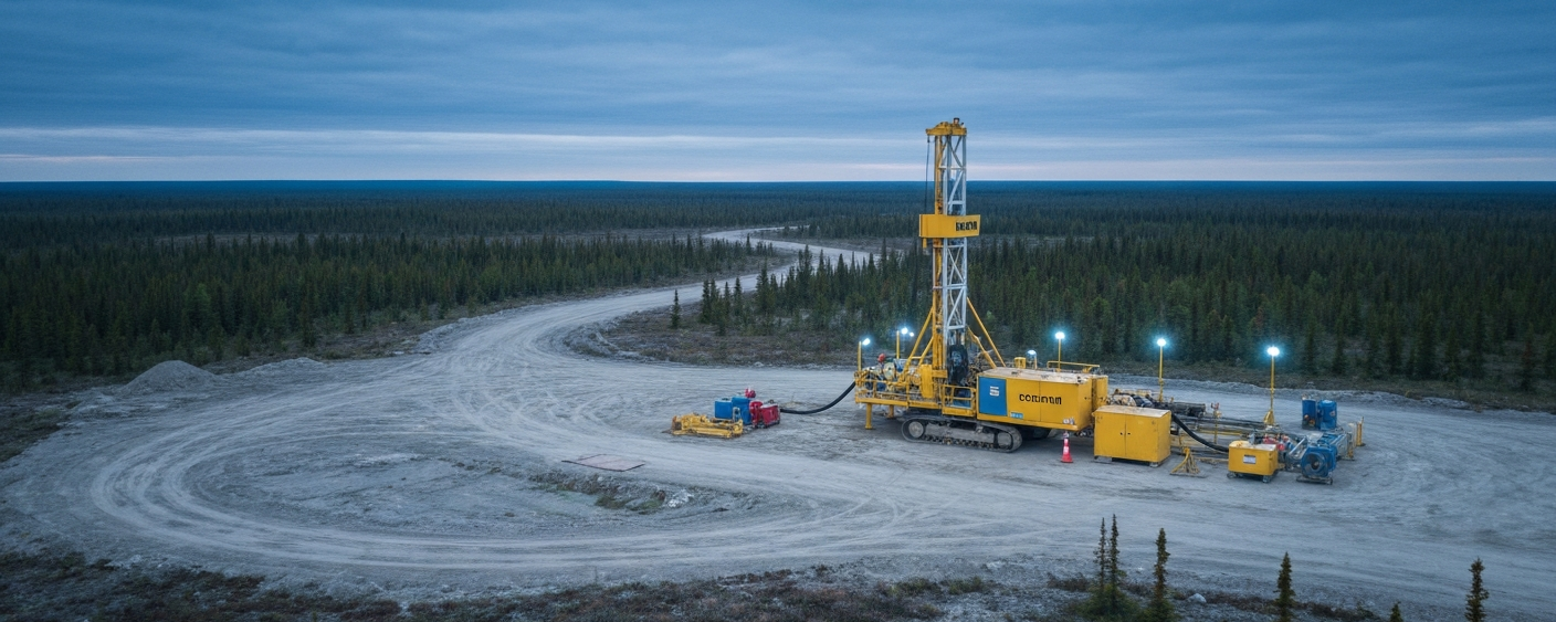 Drill rig on the northern edge of the Athabasca Basin under a steel-blue sky