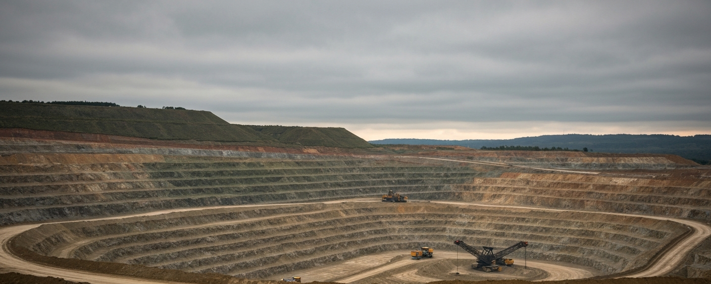 Wide-angle view of an open-pit copper mine under an overcast sky with heavy equipment