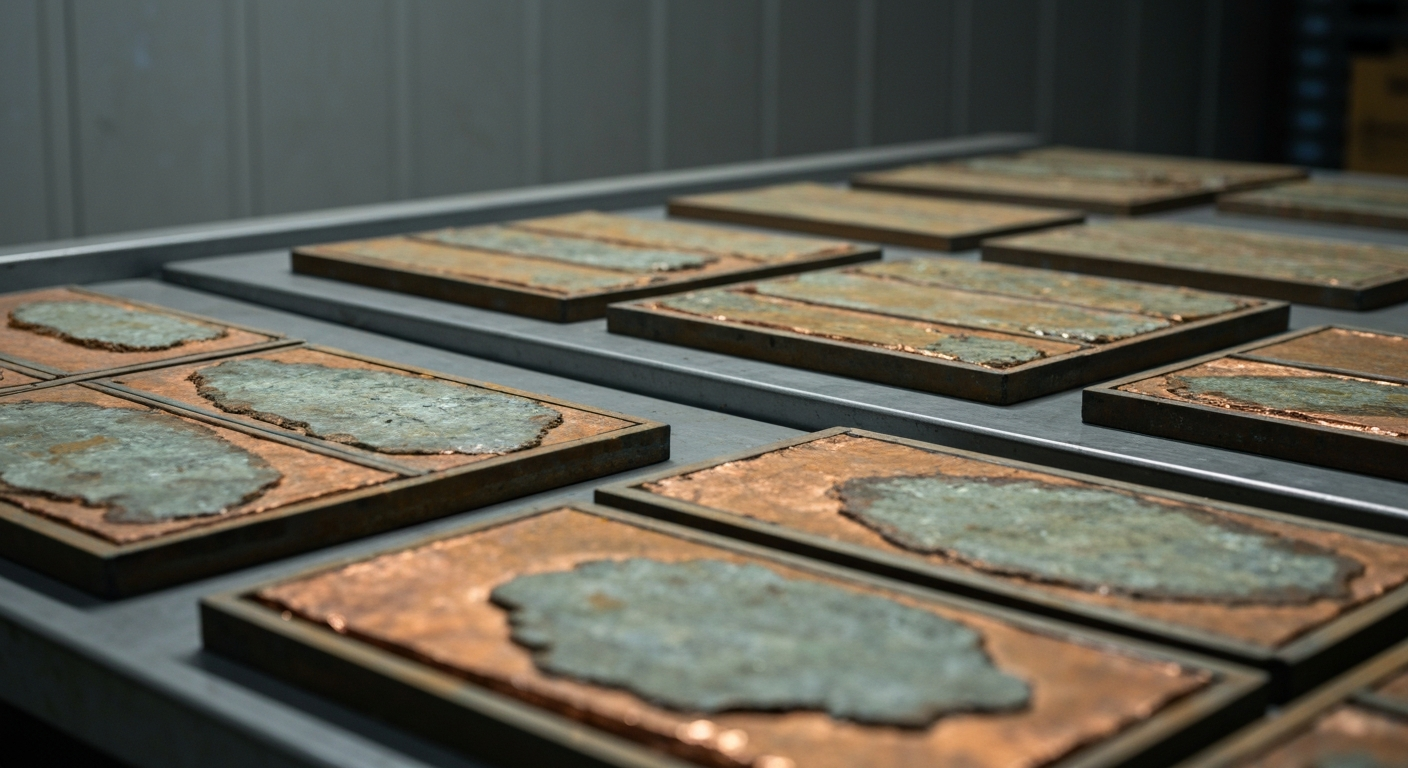 Drill core boxes with copper-bearing rock on a gray metal table in a core storage facility
